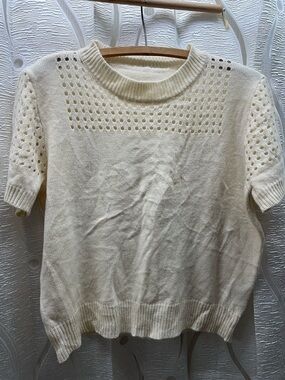 Unbranded Knit Sweater Women Medium Cream Good Pointelle‎ Short Sleeve Crew Neck